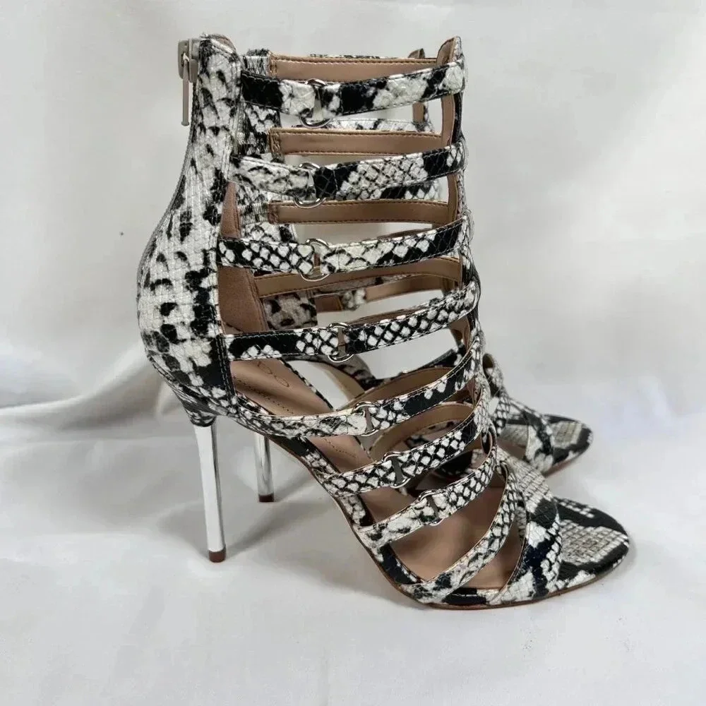Aldo Unaclya Snake 8.5 Strappy Cage Heels Stiletto Animal Print Party